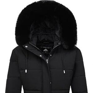 Moerdeng Women's Long Fleece Lined Parka Puffer Coat Faux Fur Hood Sz S